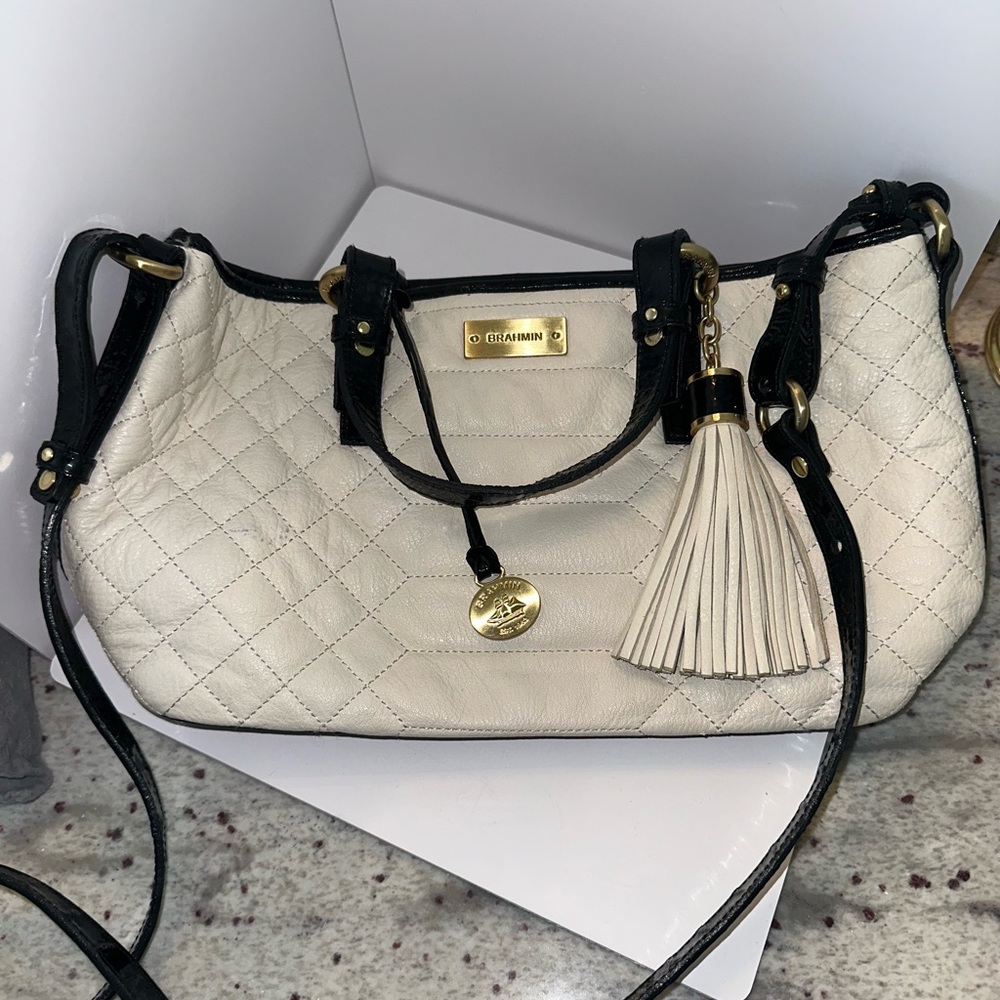 Brahmin Melbourne Mini Asher Cream Quilted Handbag with Black Accents